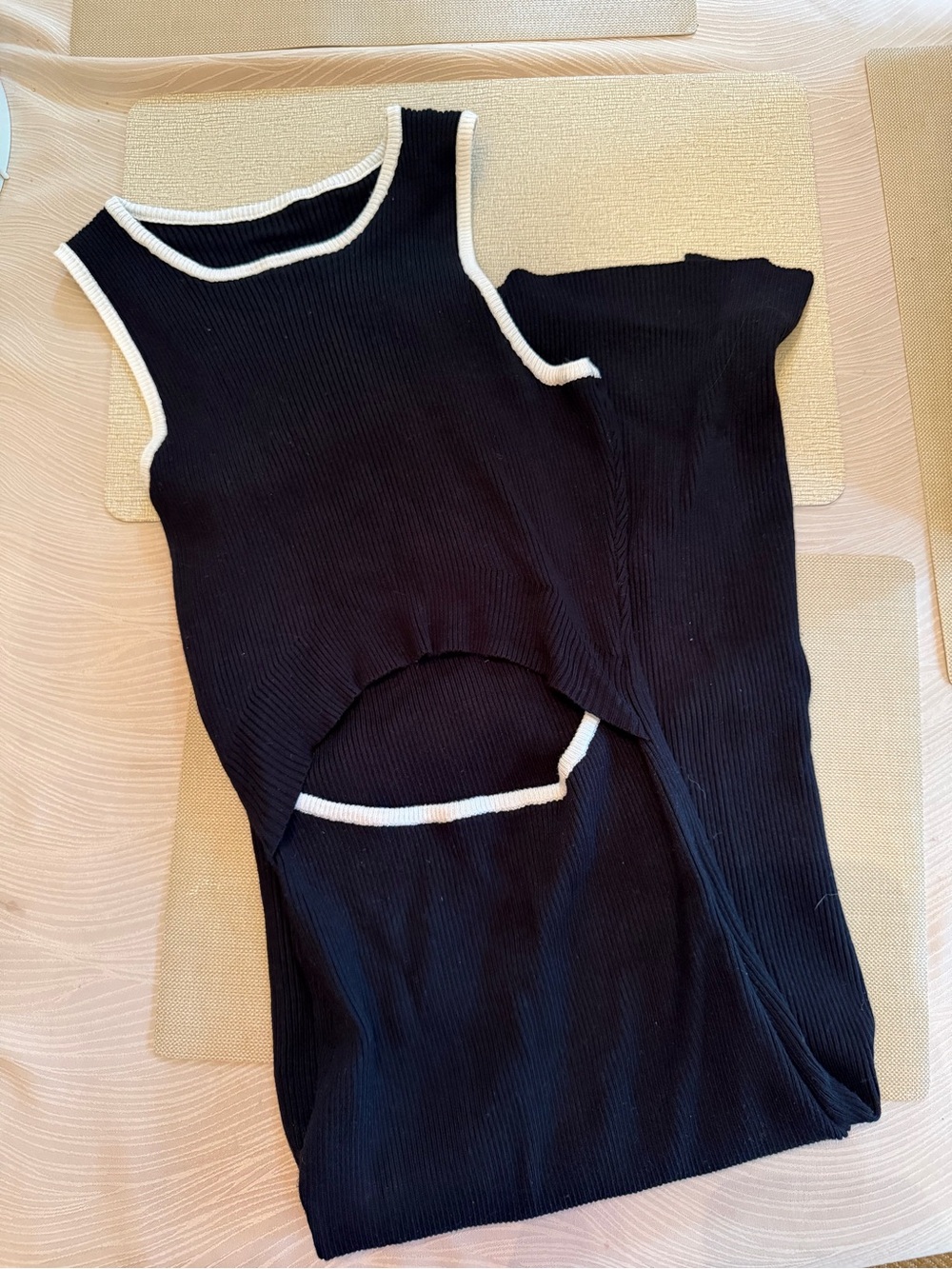 Black Sleeveless Cutout Knit Dress with White Trim